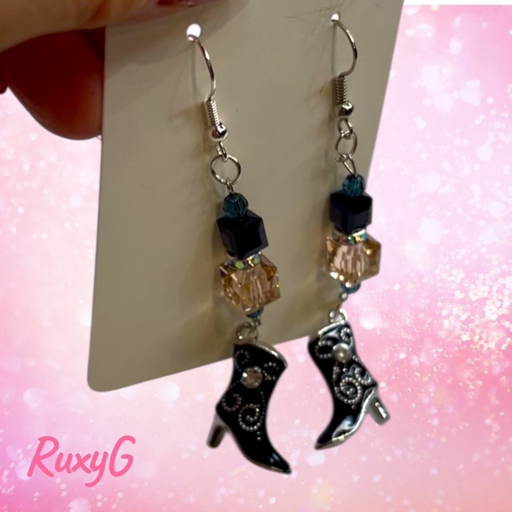 Black and Silver Boot Earrings w/ Sworaski Crystal
